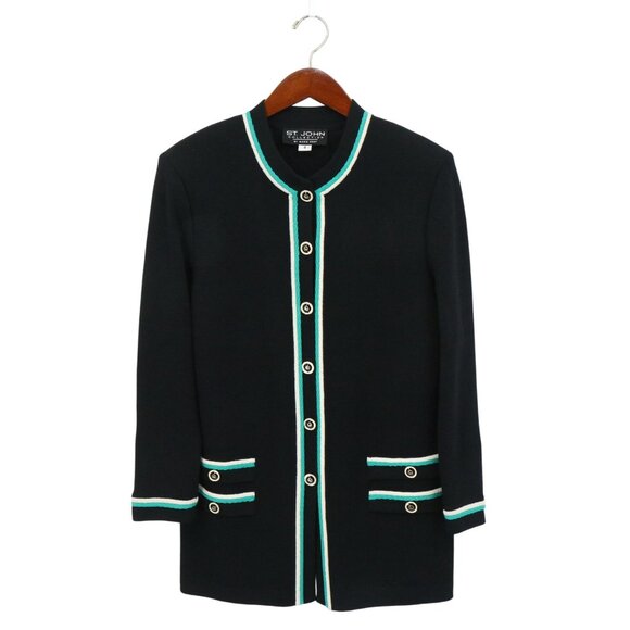 St. John Collection Black Teal Off-White Santana Knit Longline Jacket 8 - Picture 1 of 7